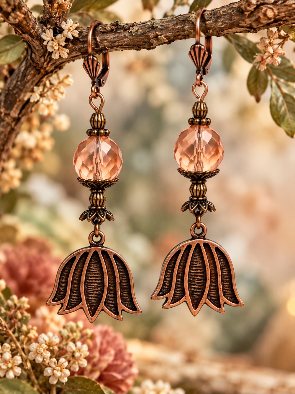 Czech Glass Floral Earrings Antique Copper, Premium Lever backs Vintage Inspired